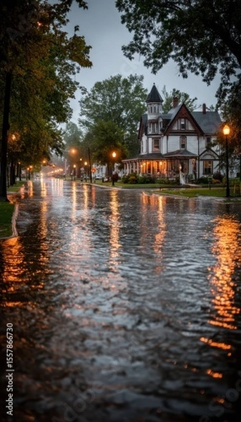Obraz Wet, cobblestone street reflects light of a Victorian home at dusk