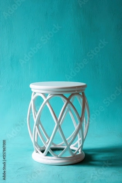 Obraz White rattan stool against a turquoise wall, simplistic and clean