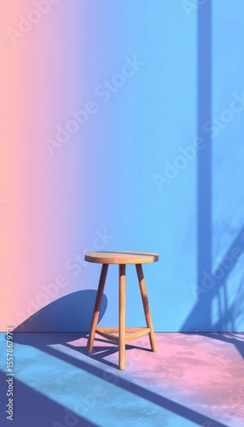 Obraz Wooden stool casting shadows against a two-tone wall