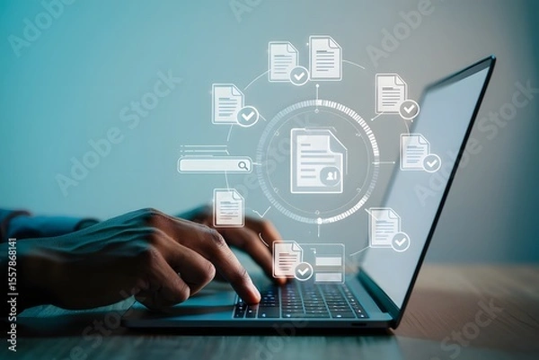 Fototapeta Businessman touching approved document icon on digital documents for approve business project proposals. Quality assurance and online evaluation of business concept