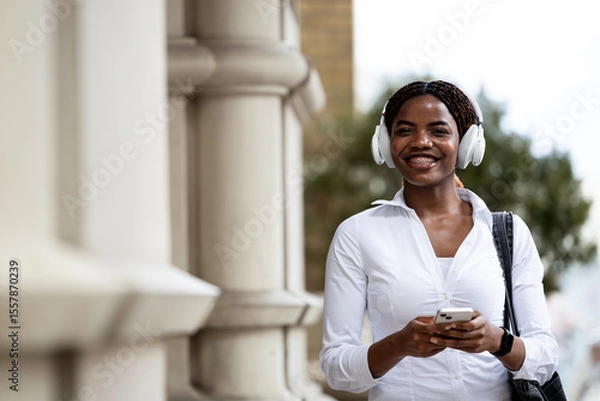 Obraz Portrait of happy smiling black woman with smart phone.
