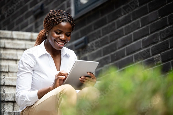 Obraz Beautiful young black girl in business suit working on tablet computer.