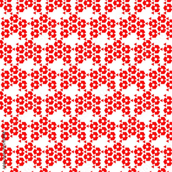 Fototapeta seamless floral pattern, vibrant red and white repeating pattern, composed of small, red, six-petal flower-like shapes, possibly star-like polygons, continuous and intricate design, tightly arranged, 