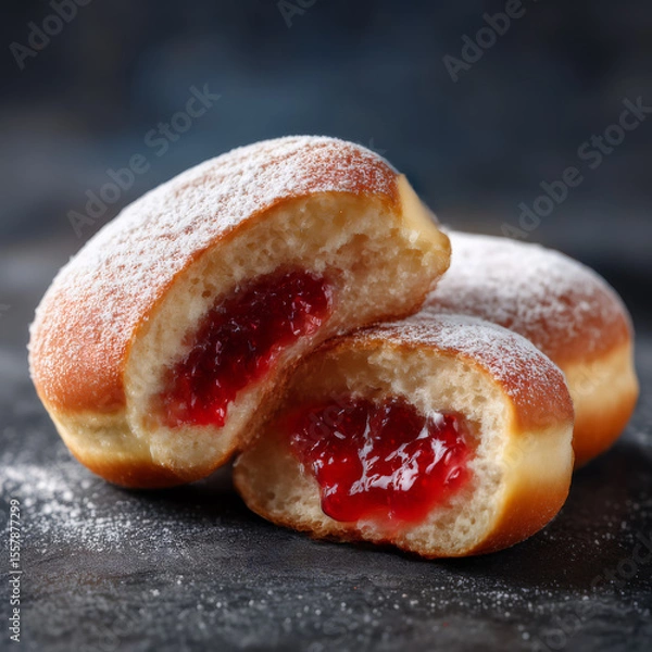 Fototapeta Two Halved Pastries with Fruit Filling and Powdered Sugar