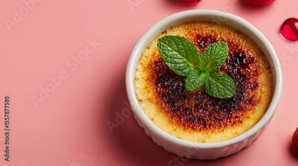 Fototapeta Custard Dessert with Caramelized Sugar and Mint Garnish