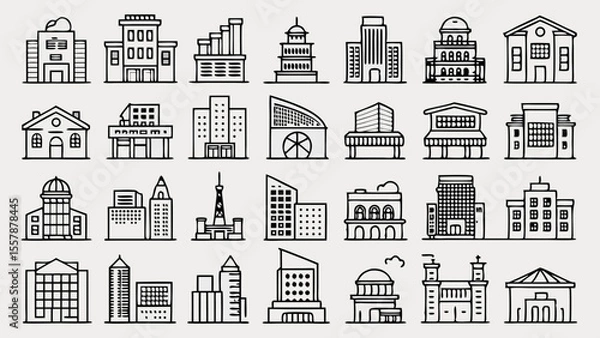 Fototapeta Collection of hand drawn building icons representing diverse architecture styles isolated on white background