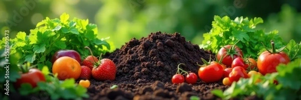 Obraz Compost pile with fresh fruits and vegetables amidst lush greenery, backyard, foliage