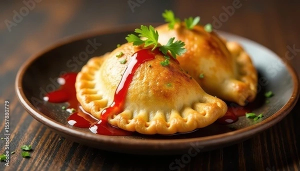 Obraz Golden-brown Colombian empanada, spicy sauce drizzle, texture, South American