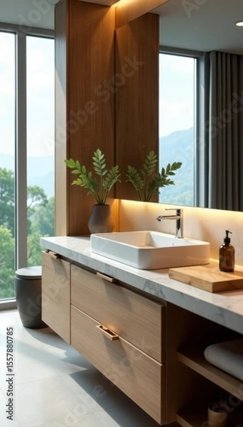 Obraz Modern sink with wooden drawers and sleek stone countertop, fashionable, modern
