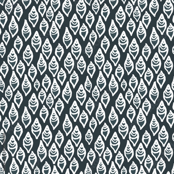 Obraz Seamless vector repeat pattern with tiny ditsy ogee costal oval shapes like shells or fish in navy blue and white. Coastal, swim, poolside, tropical backdrop with ditsy abstract all over shapes.