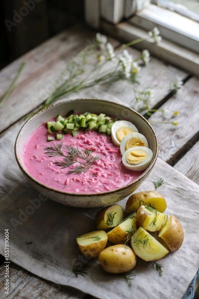 Fototapeta Rustic Presentation of Cold Beet Soup with Cucumber, Egg, and Dill, Served with New Potatoes on a Wooden Table