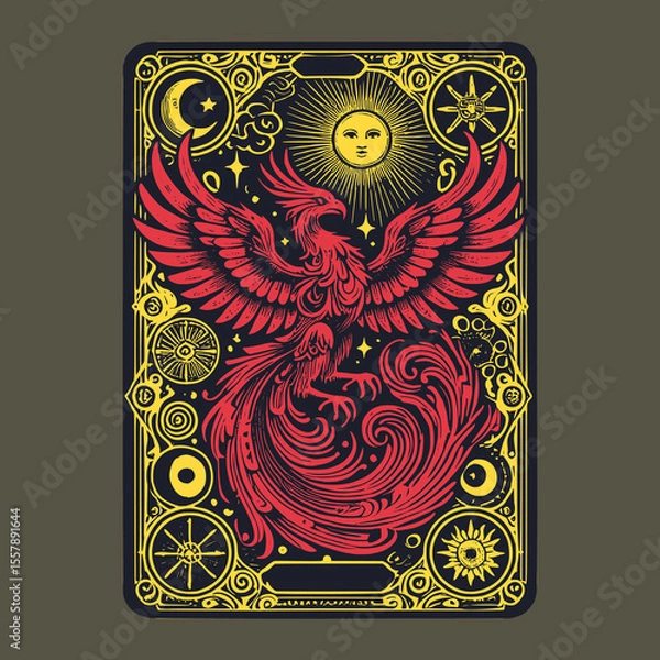 Fototapeta a fire bird rises in silence, its phoenix form captured in ornate vector for sacred card lore