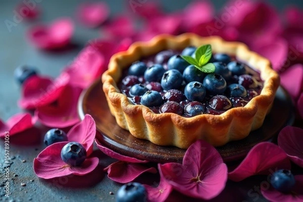 Fototapeta A rustic blueberry pie rests on vibrant flower petals , colorful, pastry