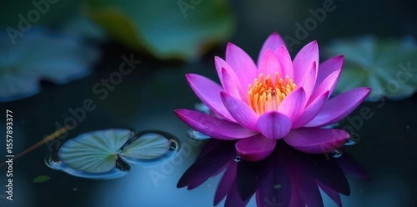 Fototapeta Purple lotus blossom, softly illuminated, floats on dark water , yoga, detail, soft light