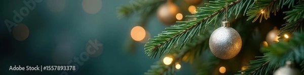 Fototapeta Shimmering silver and gold ornaments cascade down a fir branch , ornaments, fir