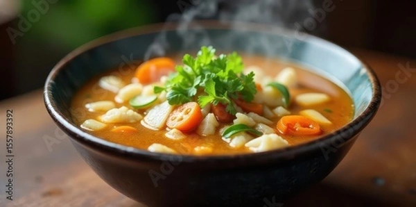 Fototapeta Steaming bowl of aromatic Asian-style soup filled with tender vegetables and herbs, bowl, steam, ingredients