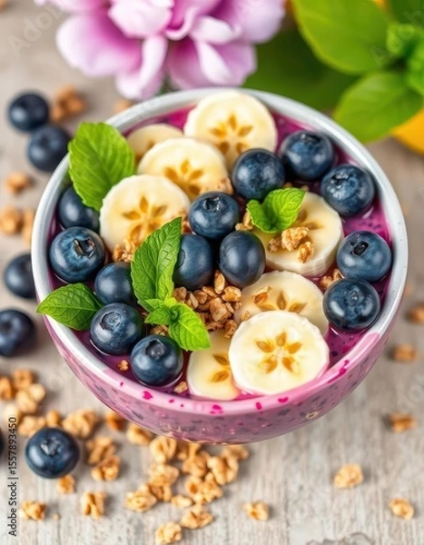 Fototapeta Vibrant acai bowl topped with blueberries, banana slices & granola, breakfast, energy