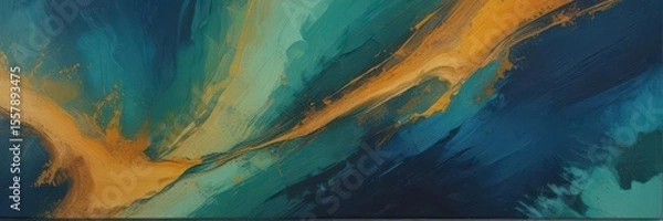 Fototapeta Abstract canvas, richly textured with deep blues, greens, and ochre hues , artwork, visual arts, style