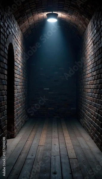 Fototapeta Searchlight illuminates empty cellar; black brick walls, wooden floor , dark, photo, walls