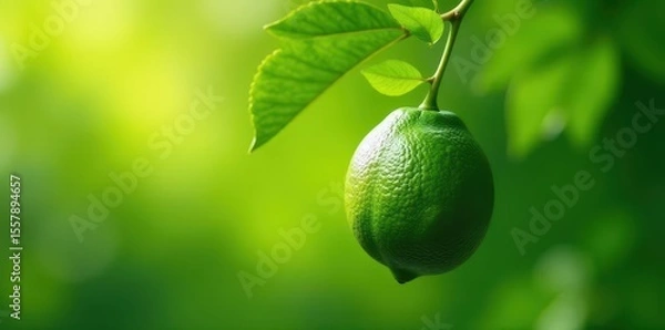 Fototapeta Vibrant green lemon hanging from a leafy branch , plant, background, juicy
