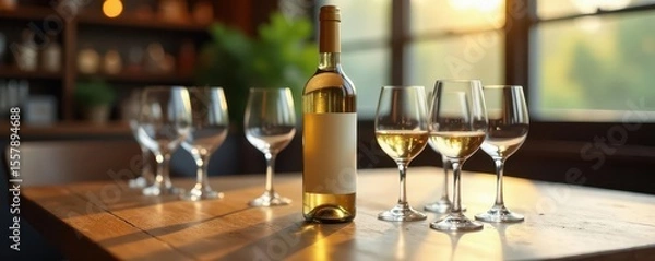 Fototapeta A bottle of white wine is placed on its side in the center of a wooden table surrounded by empty glasses , drink, wine bottle