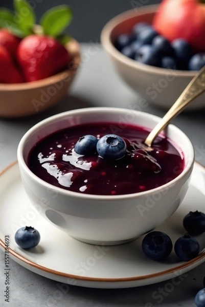 Fototapeta A bowl of blueberry jam with a spoon and a fruit bowl in the background, breakfast, table setting, blueberry