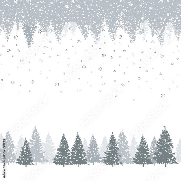Fototapeta Vector winter scene with falling snowflakes, pine trees, and snowy pattern on transparent background, gray and white palette, simple design, high resolution