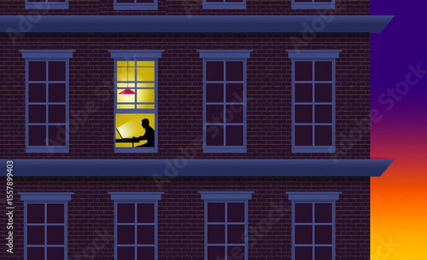 Obraz Working remotely is a man at his computer in an apartment building in a 3-d illustration about working at home.