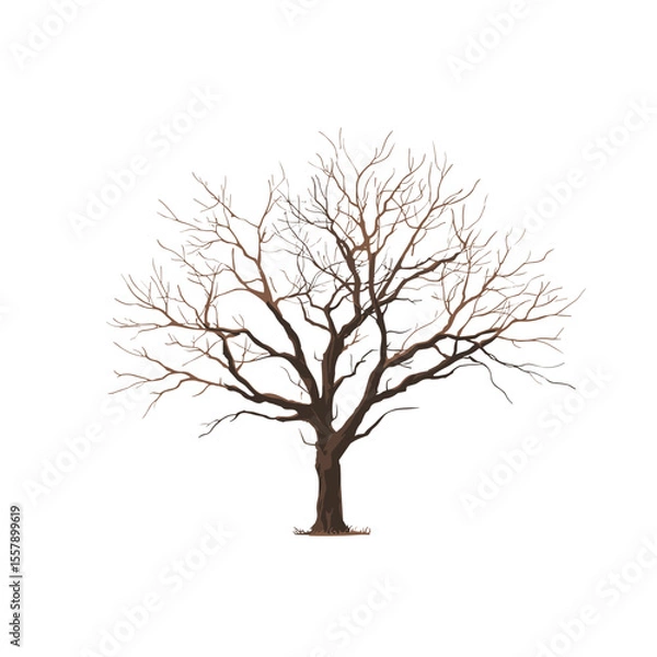 Fototapeta Minimalist brown leafless tree vector illustration on white background, clean 2D digital art in transparent PNG format.