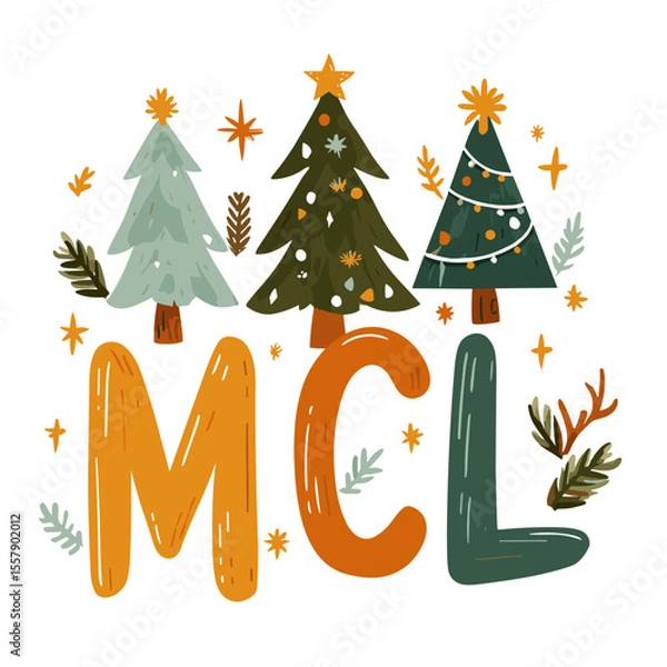 Fototapeta Vector flat color cute cartoon 'MCL' lettering with Christmas trees and antlers, simple logo style on transparent background, holiday theme.