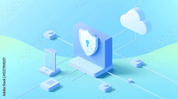 Obraz 3d illustration of a secure monitor interface with a shield lock icon, representing safe digital workspace and internet protection
