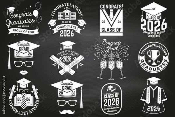 Fototapeta Set of Vector Class of 2026 badges on the chalkboard. Vector illustration. Concept for shirt, print, seal, overlay or stamp, greeting, invitation card. Typography design. For class of 2026 graduation.