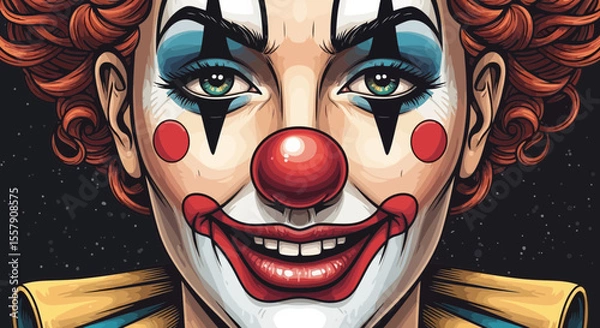 Fototapeta Close up portrait of a scary clown with red nose and crazy makeup for halloween party costume idea father's day