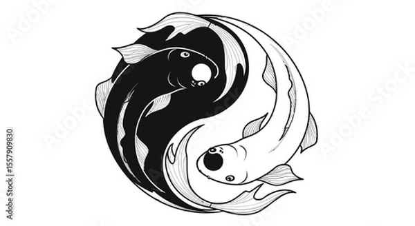 Fototapeta Yin yang koi fish drawing in black and white symbol of harmony and balance in japanese art style design father's day