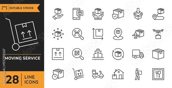Fototapeta Moving service outline icon set. Containing Shipping, Home Shifting, Courier, Fast Delivery, Loading and More. Editable stroke. Vector illustration