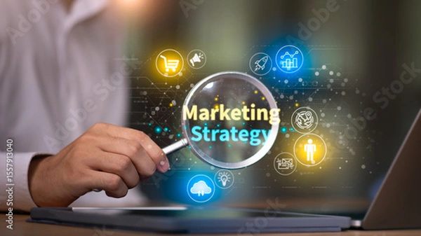 Fototapeta analyze marketing strategies, modern marketing business ideas, use online technologies and advertising through websites and media, to plan future growth ,Setting business goals