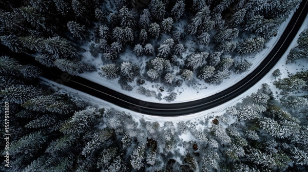 Obraz Winter highway through a dense snowy forest