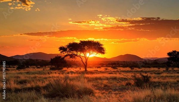 Fototapeta Stunning sunset casts warm glow over savannah, with solitary tree silhouetted against vibrant sky. landscape features rolling hills and golden grasses, creating serene atmosphere