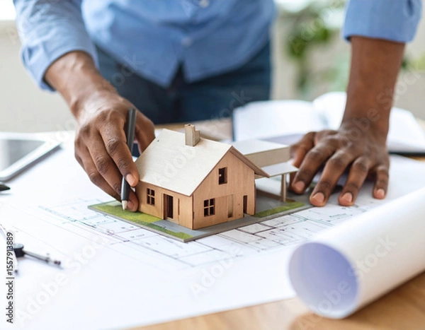Fototapeta Creating detailed model house, architect hands skillfully design high fidelity structure on blueprints, showcasing creativity and precision in architectural planning