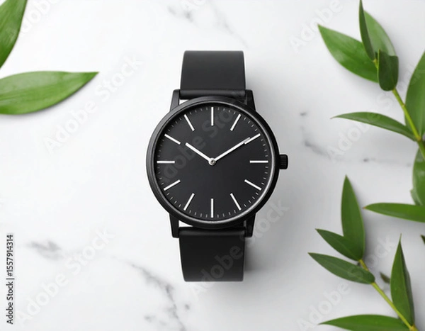 Fototapeta Sleek black minimalist wristwatch rests on marble surface surrounded by lush greenery, creating harmonious blend of elegance and nature