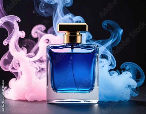 Fototapeta Stunning blue perfume bottle surrounded by swirling pink and blue smoke creates captivating visual on dark background, evoking sense of elegance and allure