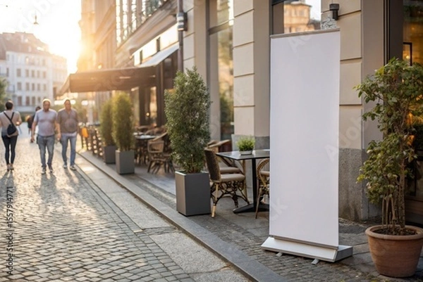 Fototapeta Ultra-realistic roll-up banner mockup on urban sidewalk near café with sunlight, plants, and chairs. Perfect for marketing, advertising, branding, and commercial display design.