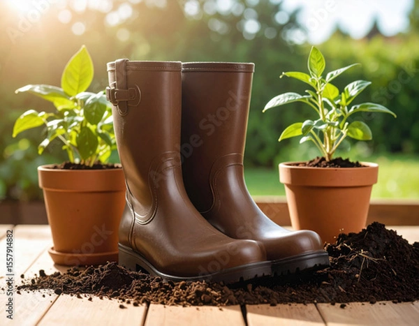 Fototapeta Brown rubber boots stand beside potted plants in rich soil, capturing serene gardening moment. sunlight enhances vibrant greenery, creating peaceful outdoor atmosphere