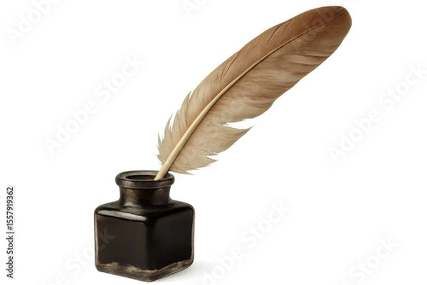 Obraz Feather quill pen dipping into inkwell on a transparent background, representing historical writing and communication