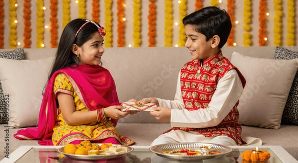 Fototapeta Raksha Bandhan 2025 Joyful Celebration Between Brother and Sister Kids in Traditional Attire with Rakhi and Sweets