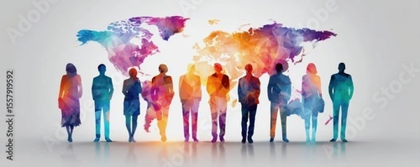 Fototapeta Interest rates and inflation in the world economy concepts. Silhouettes of diverse people stand in front of a colorful polygonal world map, symbolizing global connection and collaboration.
