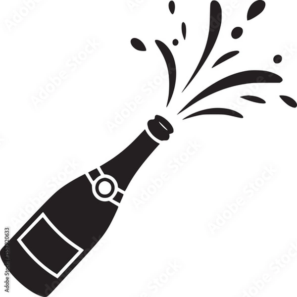 Obraz Illustration of a champagne bottle with popping cork and splashing liquid in black and white style