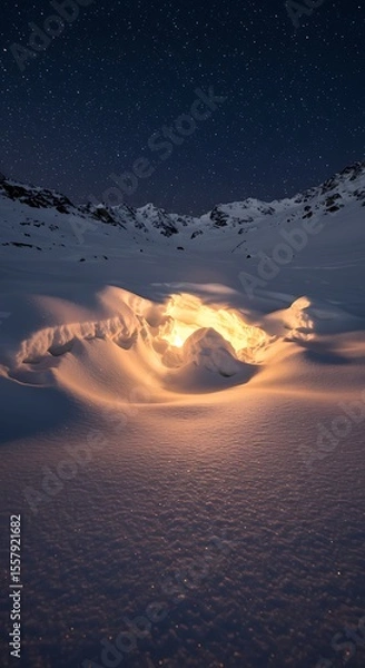 Fototapeta Illuminating the Winter Solitude: Golden Light Beneath a Starry Sky in a Snowy Mountain Landscape, Warm Glow Amidst the Frozen Wilderness: A Night Scene of Light and Snow