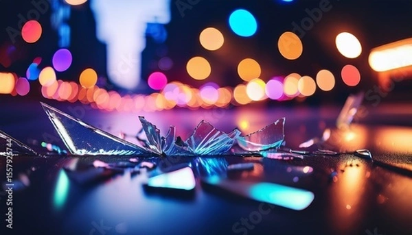 Fototapeta broken glass with neon bokeh lights in the background
