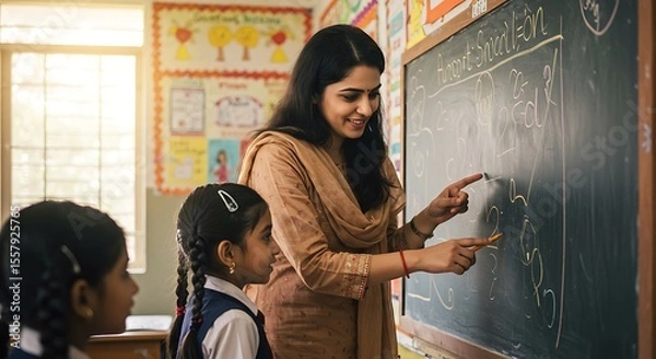 Obraz Smiling Teacher Explaining Math on Blackboard to Eager Students in Classroom.